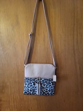 Light Pink Leopard-Print Crossbody Bag with Tassel Accent